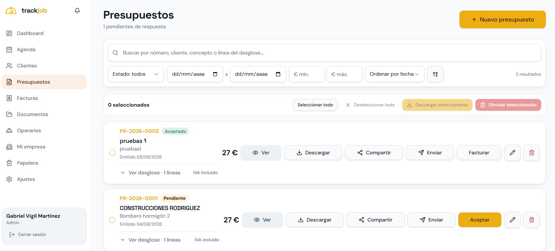 Listado de presupuestos de TrackJob con estados, importes y acciones de envío