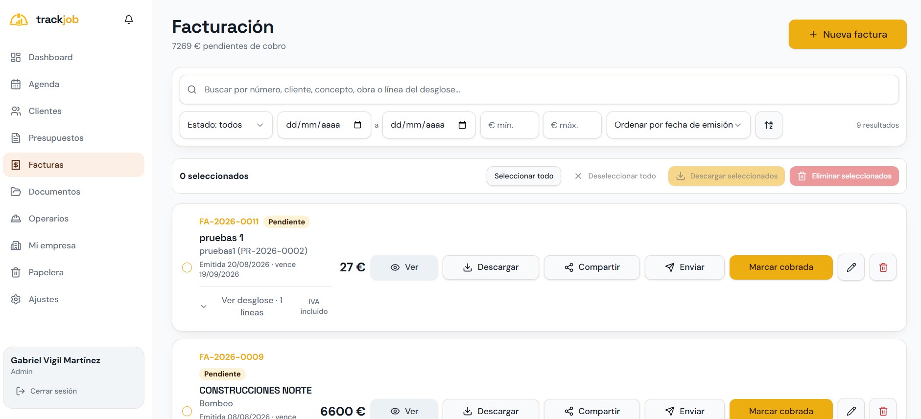 Pantalla de facturación de TrackJob con facturas pendientes de cobro